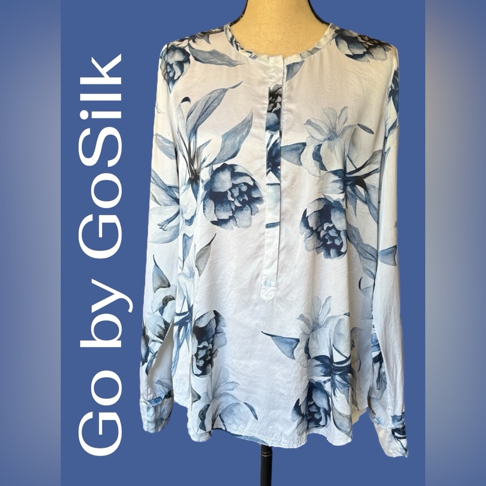 Go by Gosilk-medium 100% washable silk tunic top. Gorgeous blue floral. EUC!